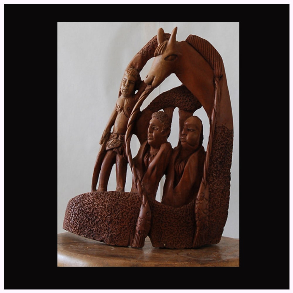 A Family and Their Horse - Haitian Wood Carving by Joseph Nacius (1 of 1)