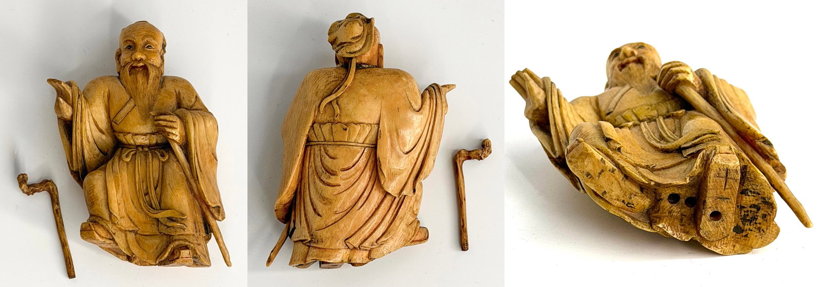 Vintage Japanese Carved Bone Okimono of Hotei – From the Estate of Anthropologist: : Vintage Japanese carved bone okimono figurine depicting Hotei (the Laughing Buddha / Budai), the beloved God of Happiness, Prosperity, and Good Fortune—one of the Seven Lucky Gods (Shichifukujin)