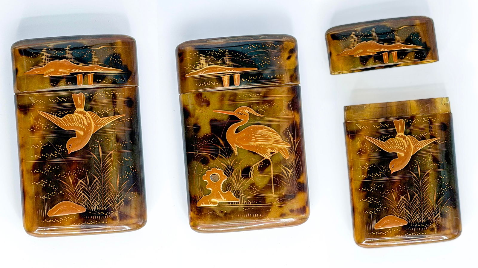 Japanese Tortoiseshell Cigarette Cases with Gold Inlay Heron and Crane Motifs (1 of 1)