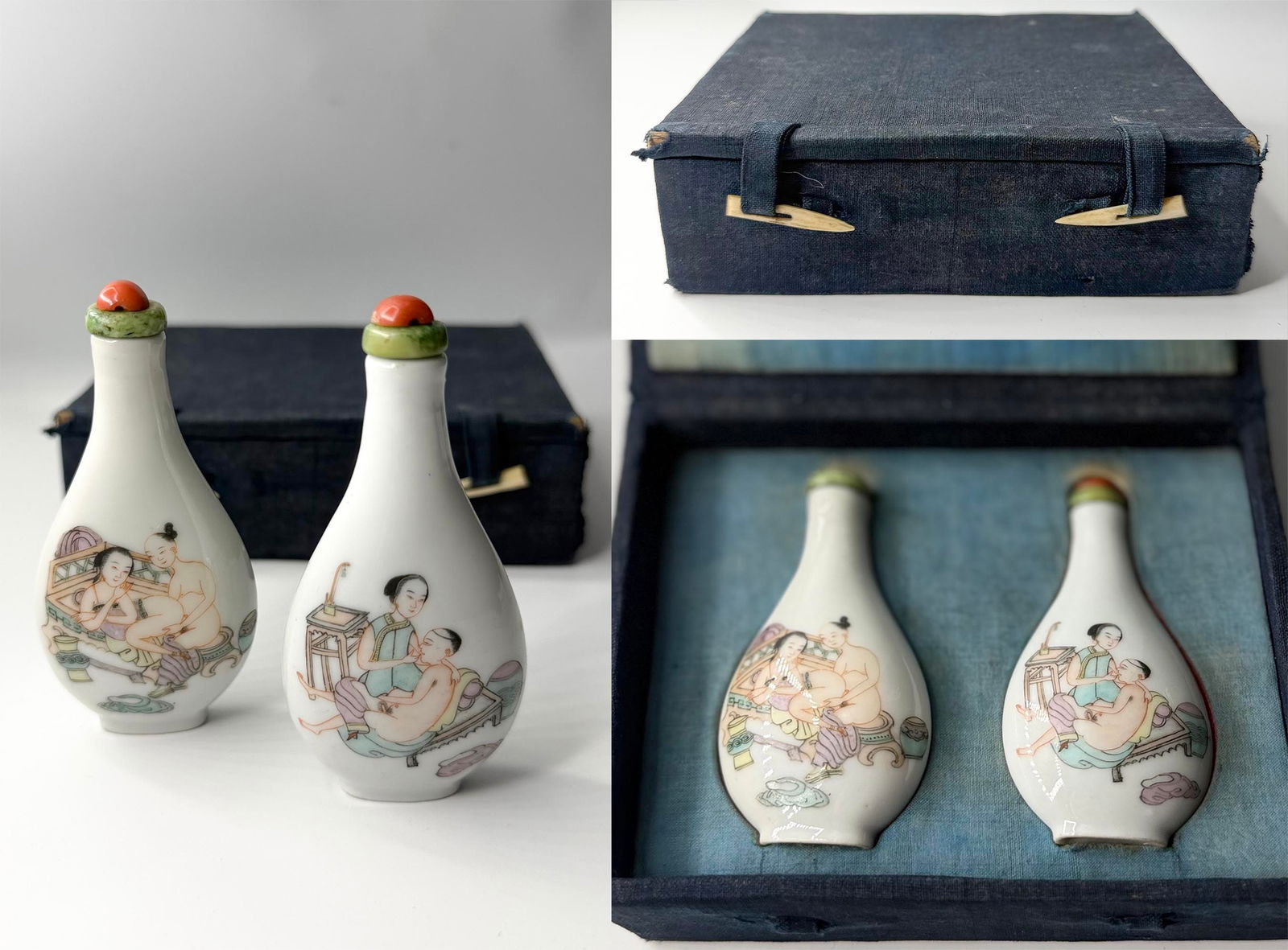 Fine Pair of Chinese Famille Rose Porcelain Snuff Bottles Depicting Playful Bathing Scenes (Auspicio: A delightful and well-matched pair of Chinese porcelain snuff bottles, each masterfully enameled in the famille rose palette with charming, whimsical scenes of figures (cherubic boys or children)