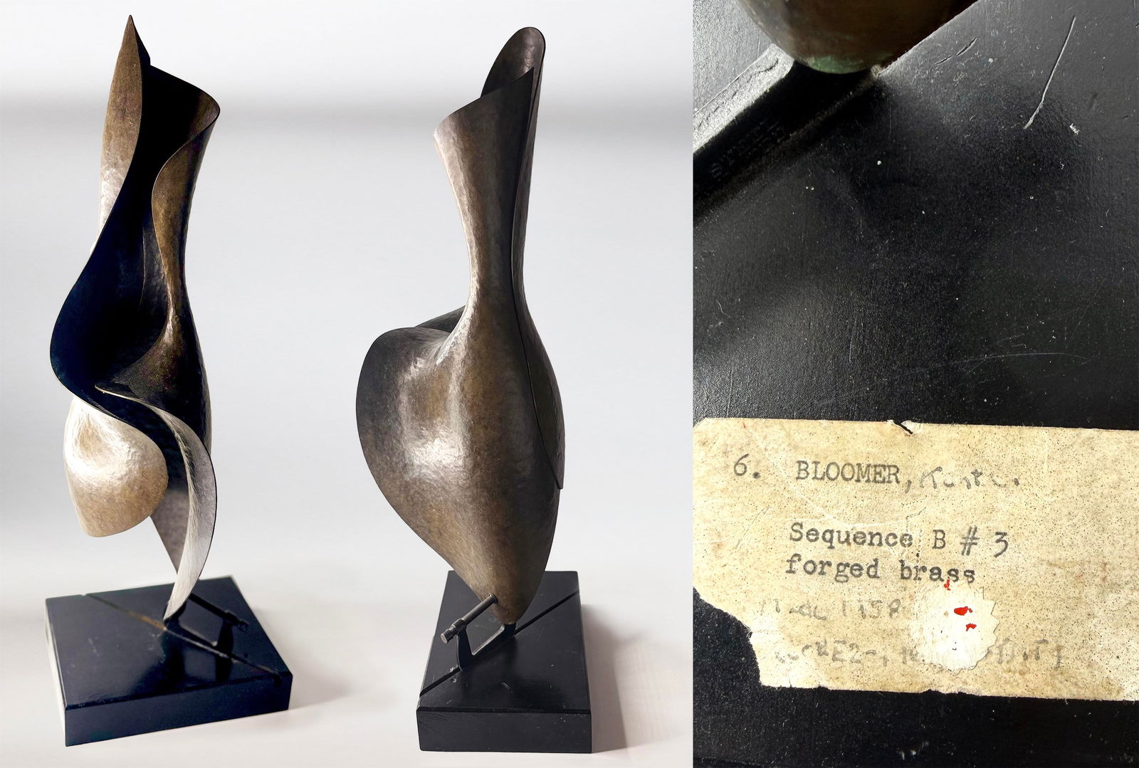 Kent Bloomer (American, b. 1935) Abstract Forged Brass Sculpture "Sequence B #3," 1960s, on Custom B: An elegant and expressive mid-century abstract forged brass sculpture by Kent Bloomer, titled "Sequence B #3" from his early "Sequence" series. The work rises in a graceful, spiraling torsion: two