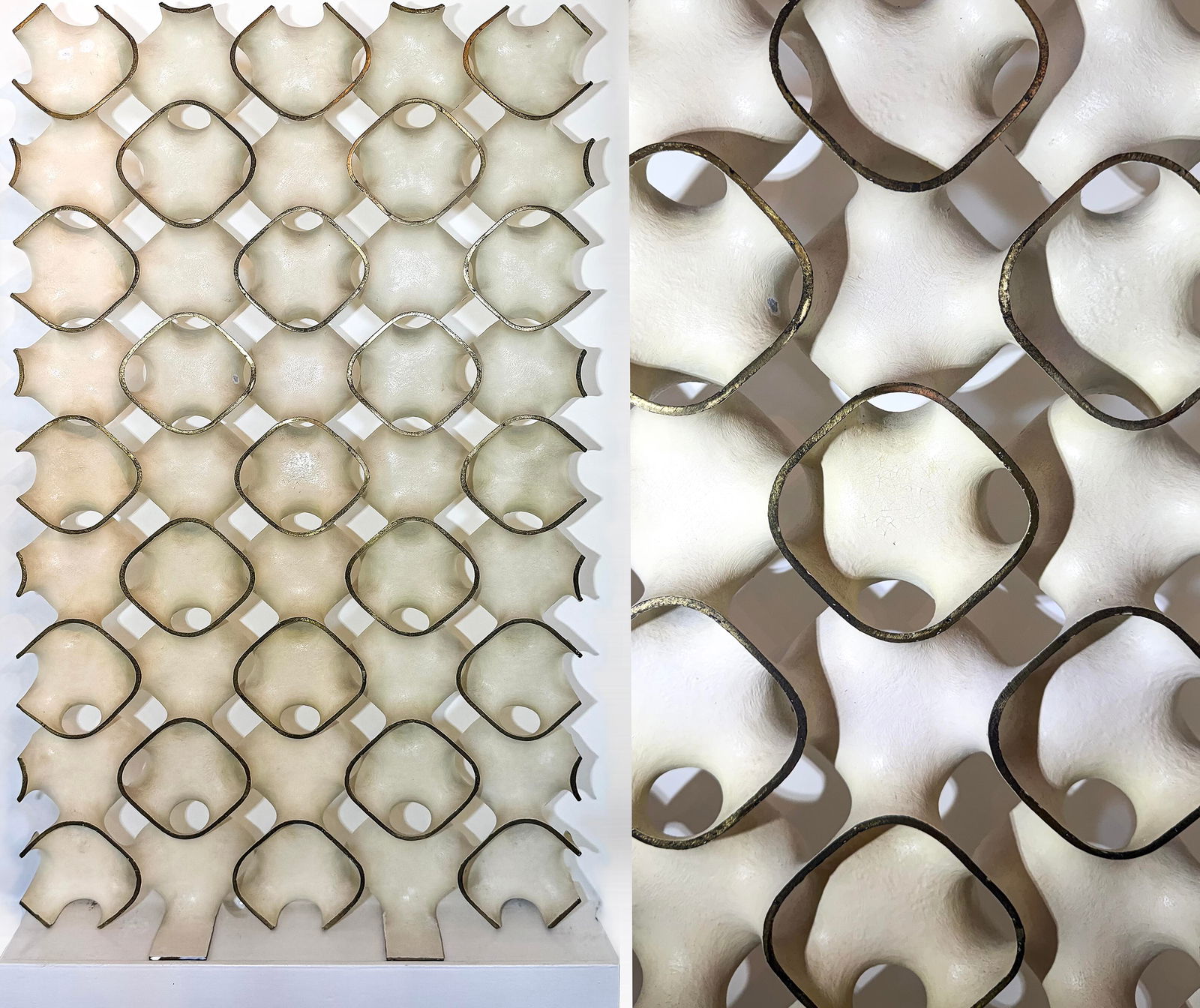 Kent Bloomer (American, 1935–2023) Biomorphic Modular Wall Relief Sculpture – Repeating Cellular: An impressive large-scale mid-century modernist wall-mounted relief by Kent Bloomer, composed of a rectangular grid of interconnected modular units forming a dynamic, repeating cellular or lattice