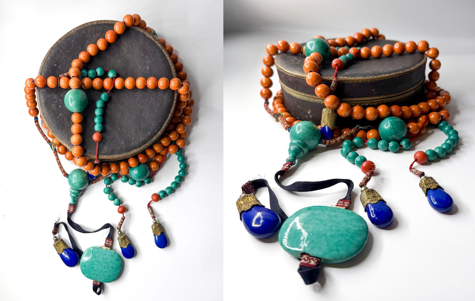 Antique Tibetan Coral, Turquoise, and Lapis Lazuli Necklace from the Cornelius Osgood Collection: This striking antique Tibetan necklace exemplifies the rich cultural heritage of Himalayan jewelry, featuring a vibrant combination of natural materials prized in Tibetan traditions for their