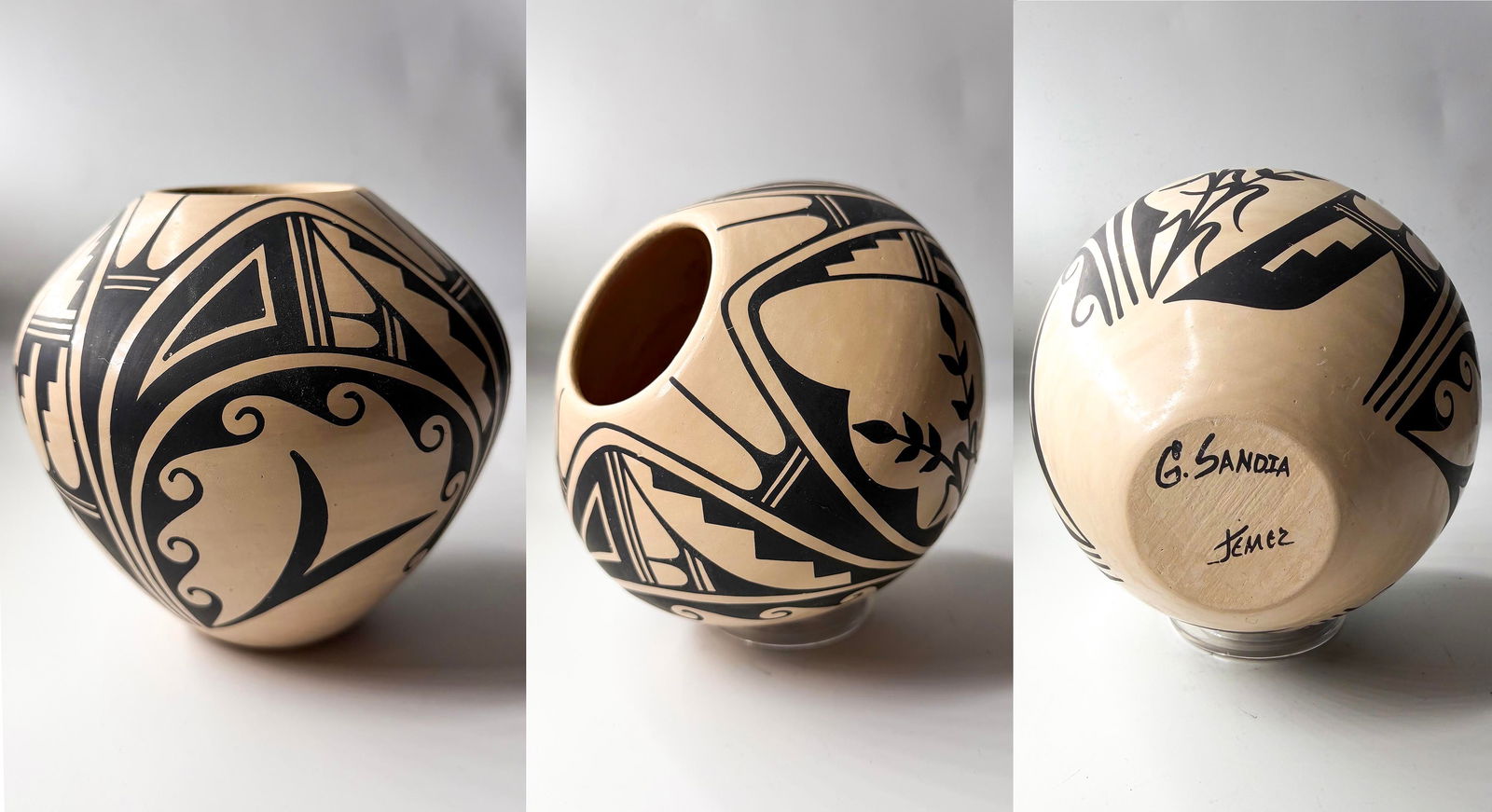 Jemez Pueblo Polychrome Jar by Geraldine Sandia (G. Sandoza signature), Geometric Black-on-Cream Des (1 of 1)