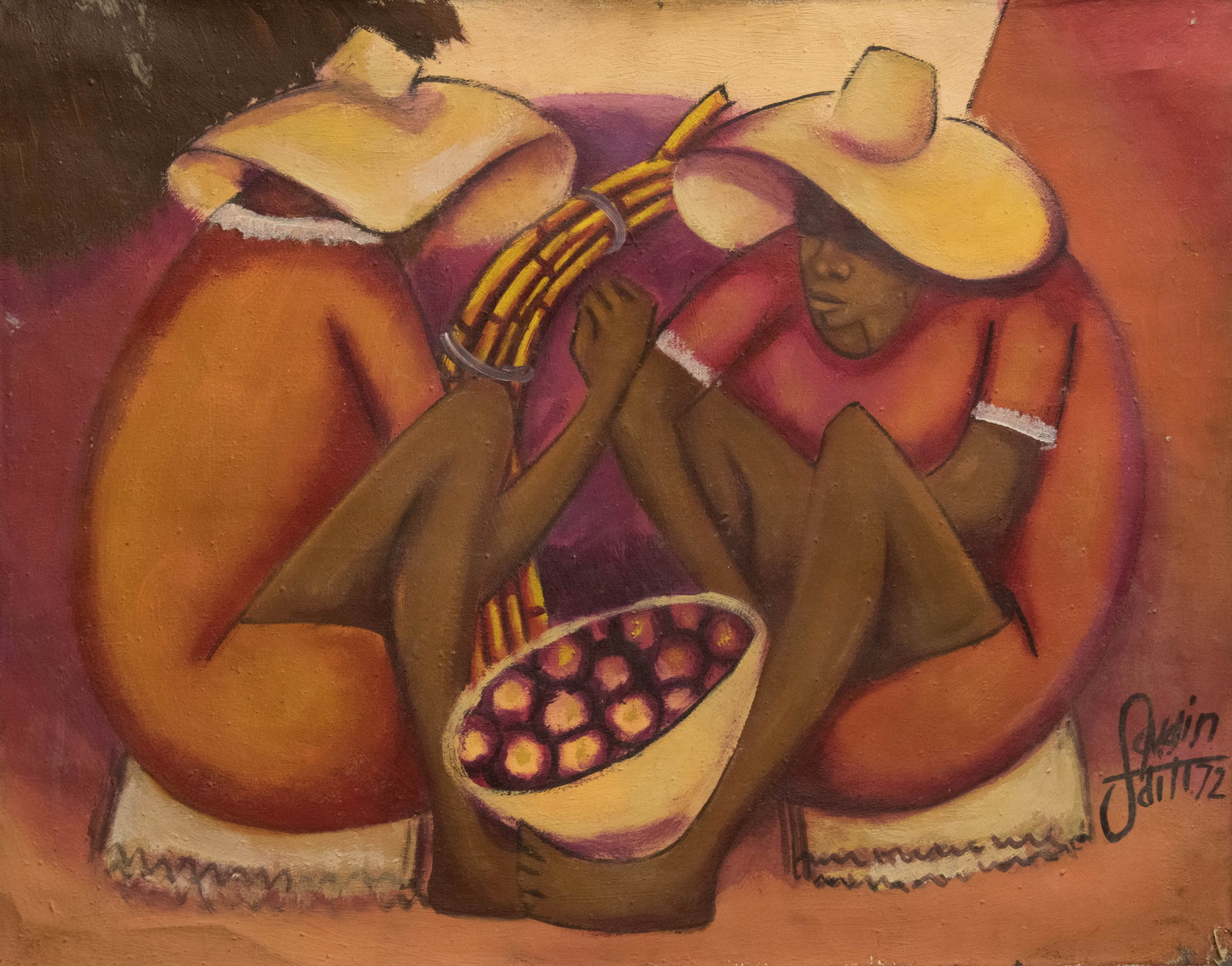 Two People and a Basket - Haitian Painting by Petion Savain: Two People and a Basket - Haitian Painting by Petion Savain No Frame, Not Stretched, Oil on Canvas