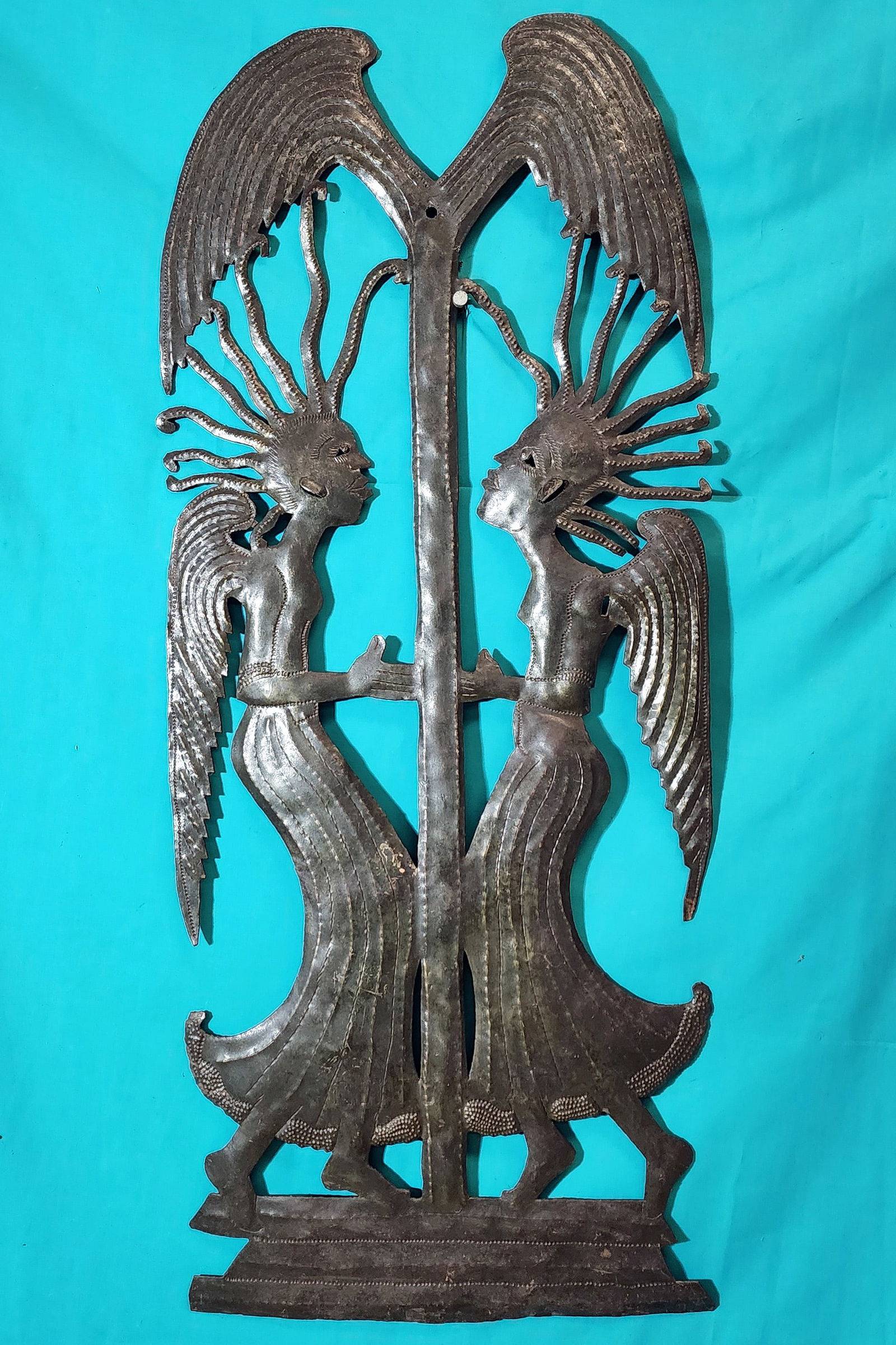 Angels Beneath Wings Haitian Metal Sculpture by Unknown Artist: Angels Beneath Wing - Haitian Metal Sculpture by Unknown Artist Hand Carved Metal Sculpture