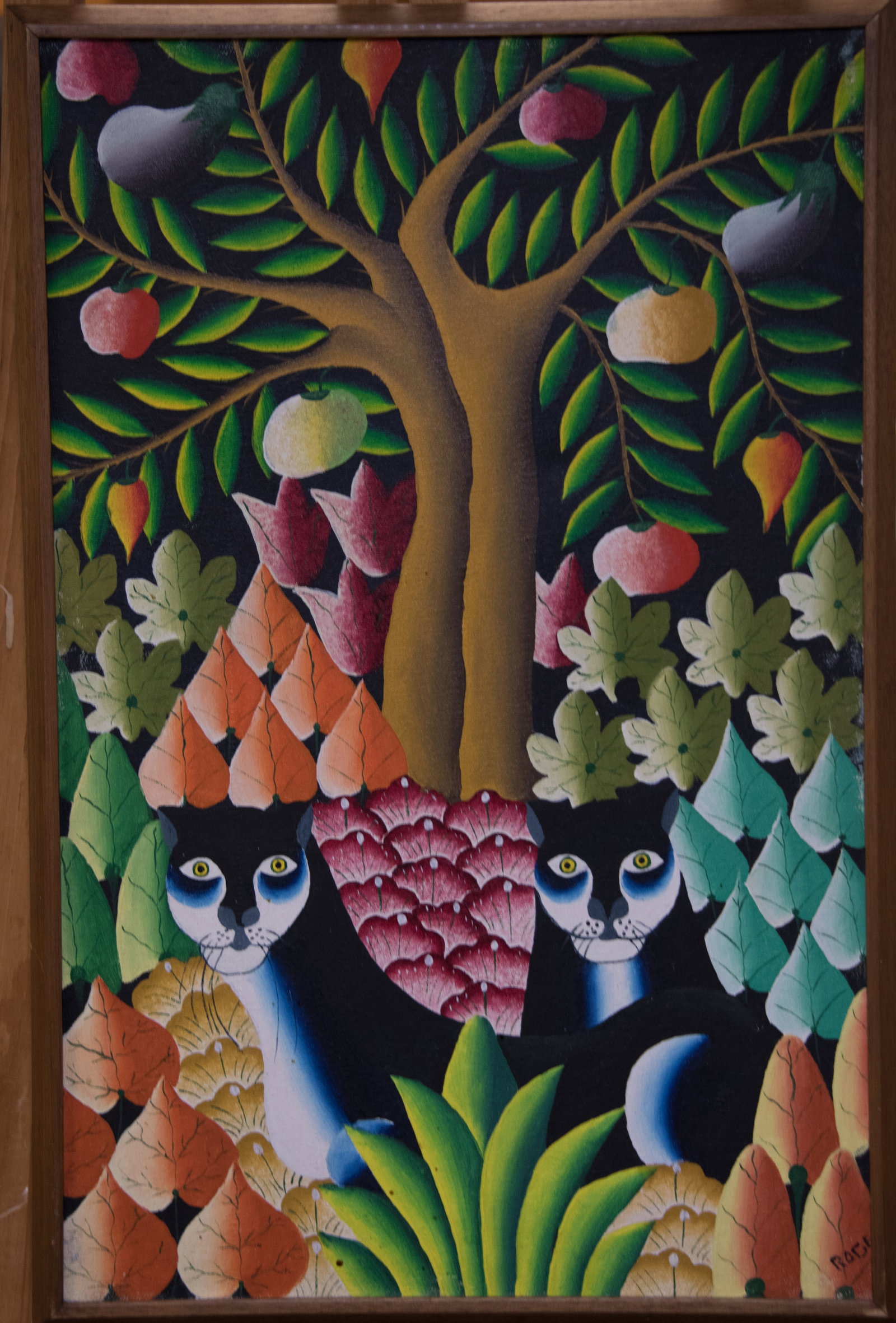 Forest with Black Cats Original Haitian Painting by Unknown Artist: Forest with Black Cats Original Haitian Painting by Unknown Artist Oil on Canvas FRAMED GMS FAVORITE