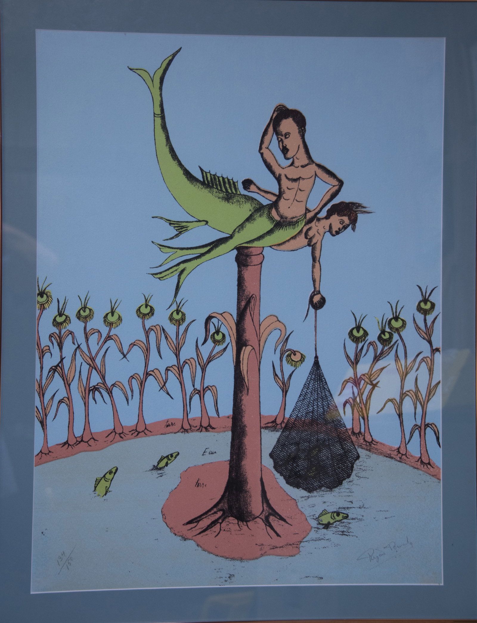 Original Haitian Painting -Agoue and La Sirene by Rigaud Benoit: Original Haitian Painting -Agoue and La Sirene by Rigaud Benoit-Framed with Glass (cracked), Silkscreen FRAMED GMS FAVORITE