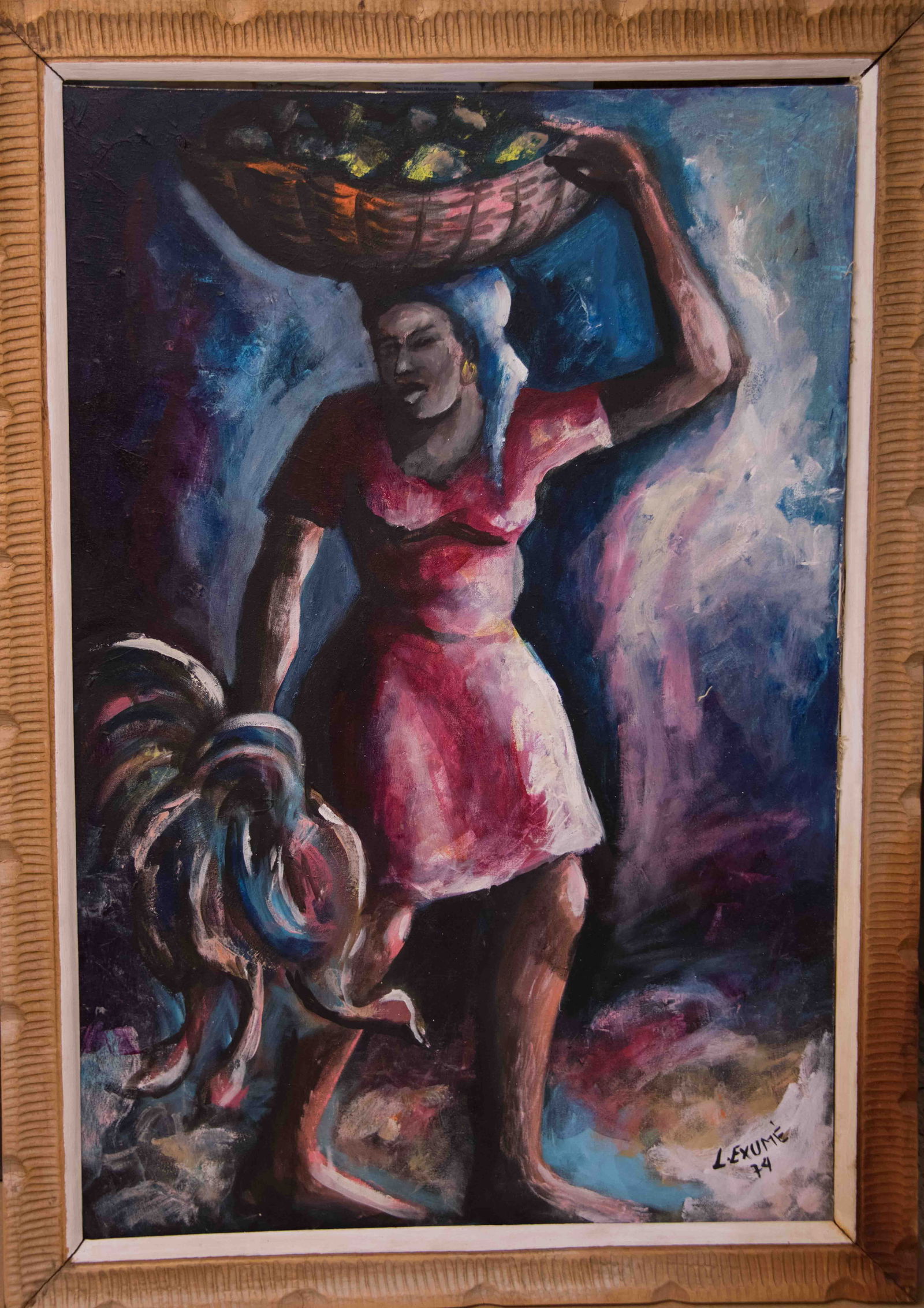 Woman with Rooster and Fruit Original Haitian Painting by L. Exume: Woman with Rooster and Fruit Original Haitian Painting by L. Exume FRAMED