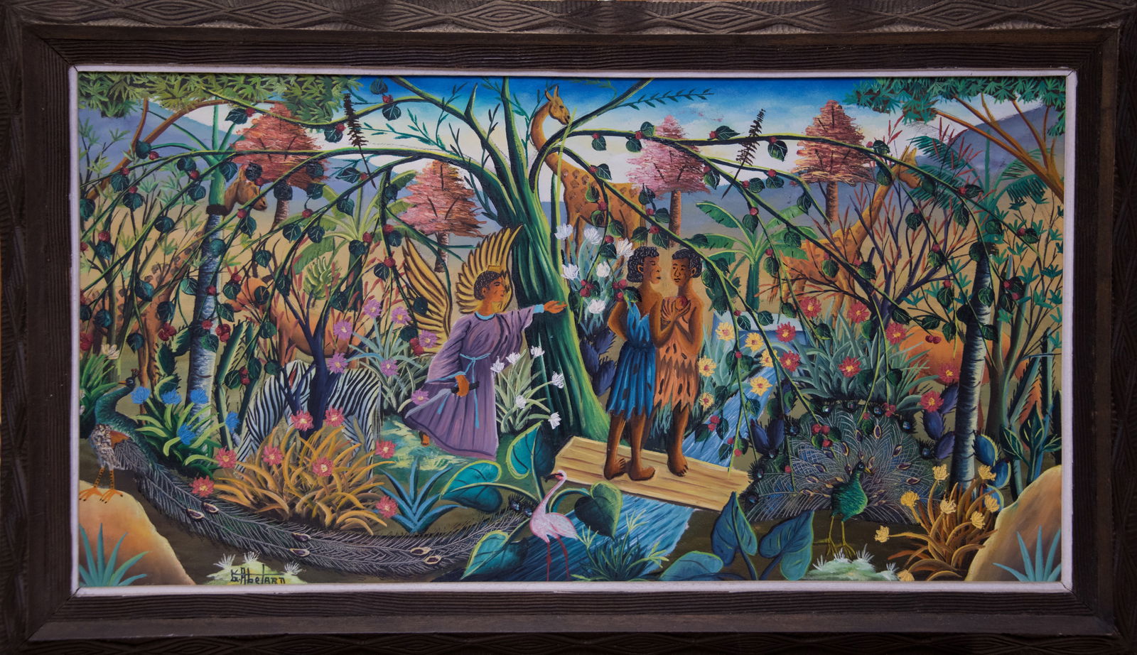 Original Haitian Painting by Gesner Abelard Adam and Eve with Angel: Original Haitian Painting by Gesner Abelard Adam and Eve with Angel-Mixed Media on Board FRAMED GMS FAVORITE