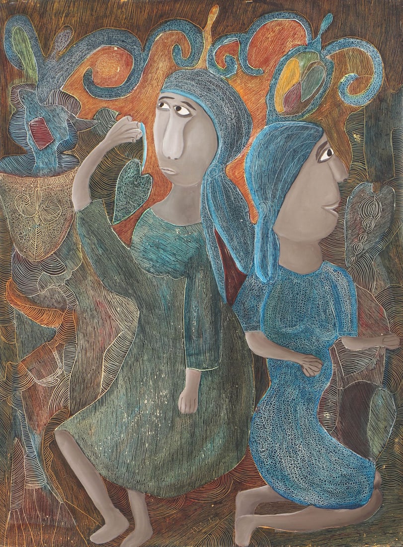Original Haitian Painting -Ceremonie 1989 (Ladies in Blue and Green Dresses) by Ermistral Charles: Original Haitian Painting -Ceremonie 1989 (Ladies in Blue and Green Dresses) by Ermistral Charles (Thialy)