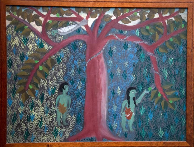Adam and Eve - Haitian Painting by Camy Rocher: Adam and Eve - Haitian Painting by Camy Rocher Framed, Oil on Hardboard FRAMED