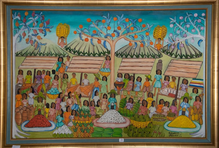 Marche de l'abondance (Walk of Abundance) - Haitian Painting by Alexandre Gregoire: Marche de l'abondance (Walk of Abundance) - Haitian Painting by Alexandre Gregoire Framed, Oil on Hardboard FRAMED GMS FAVORITE