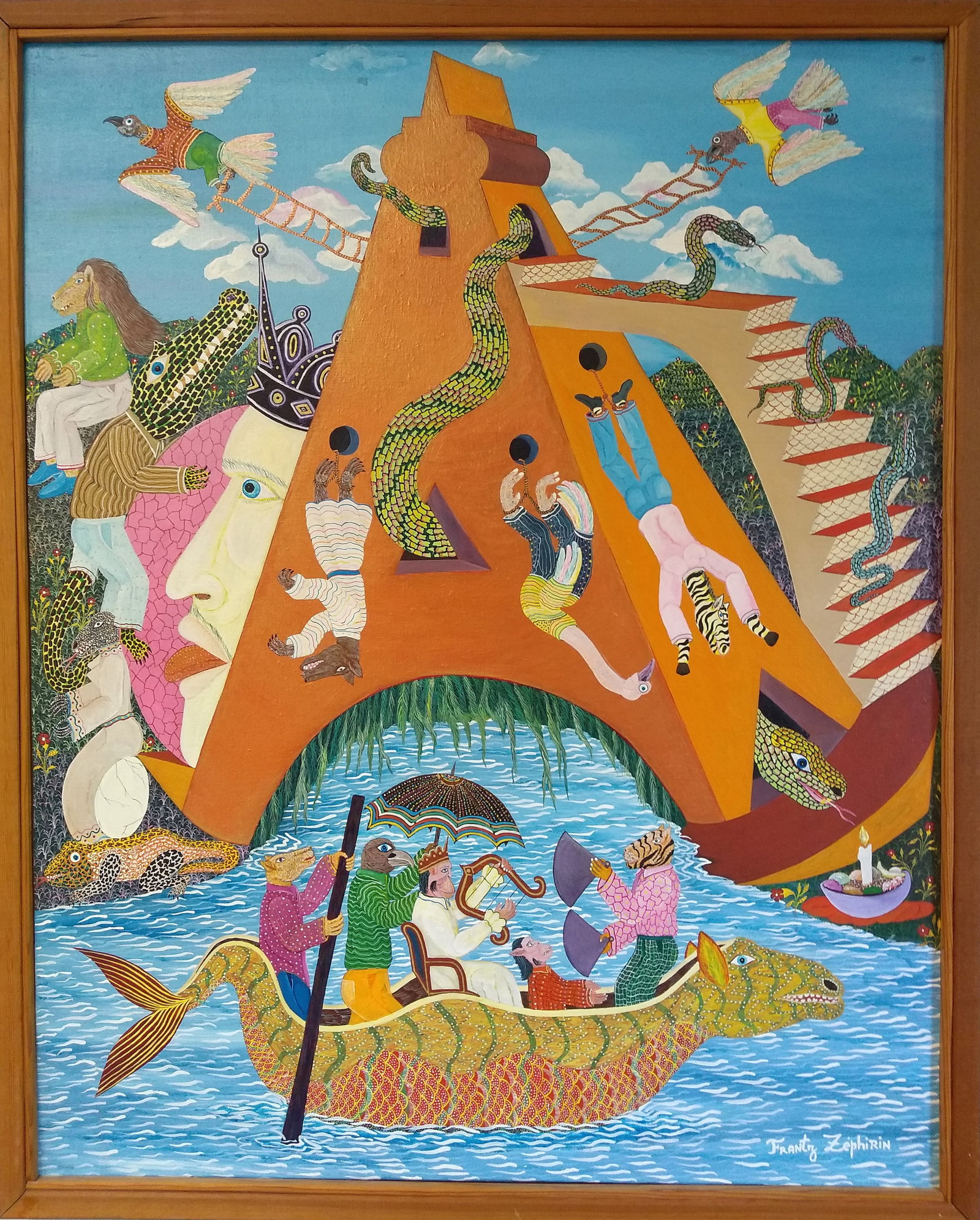 Tower of Babel Original Haitian Painting by Frantz Zephirin: Tower of Babel Original Haitian Painting by Frantz Zephirin Oil on Canvas FRAMED