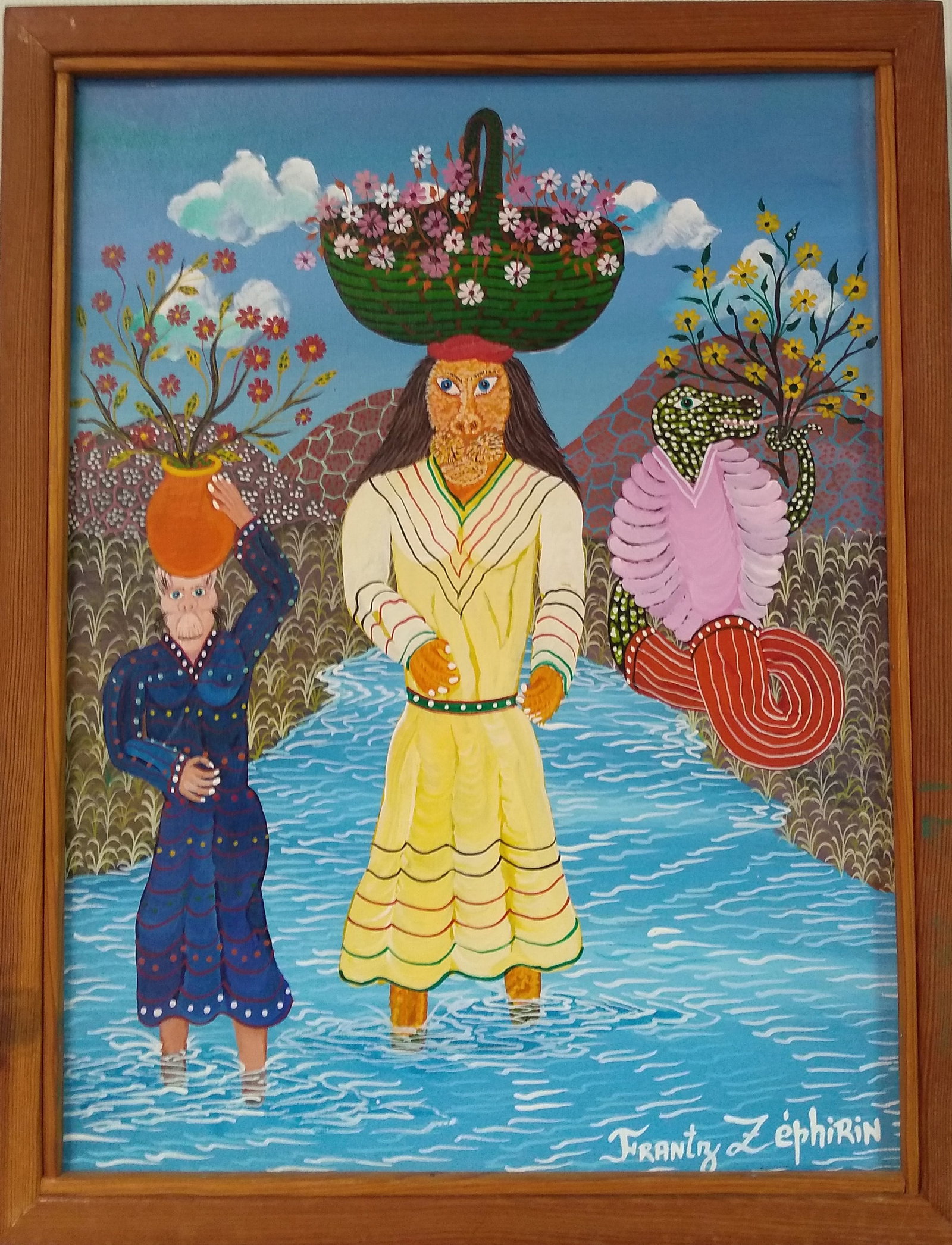 Animal in Yellow with a Basket of Flowers Original Haitian Painting by Frantz Zephirin: Animal in Yellow with a Basket of Flowers Original Haitian Painting by Frantz Zephirin Oil on Canvas FRAMED