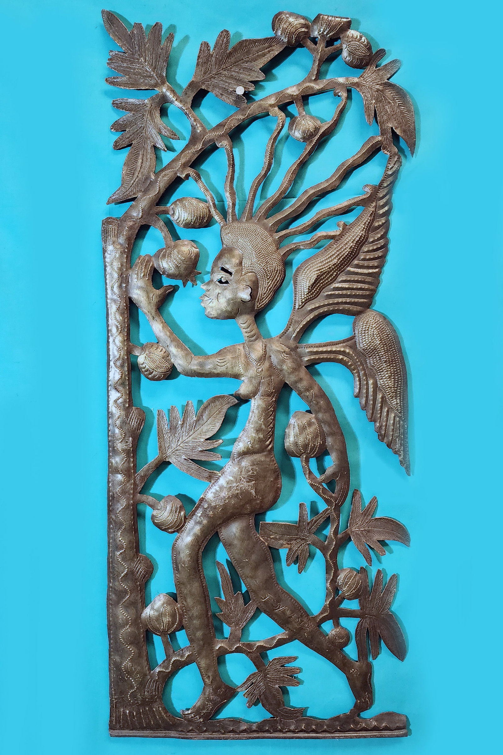 Angel Picking Fruit - Haitian Metal Sculpture by Jean Sylvestre: Angel Picking Fruit - Haitian Metal Sculpture by Jean Sylvestre Hand Carved Metal Sculpture