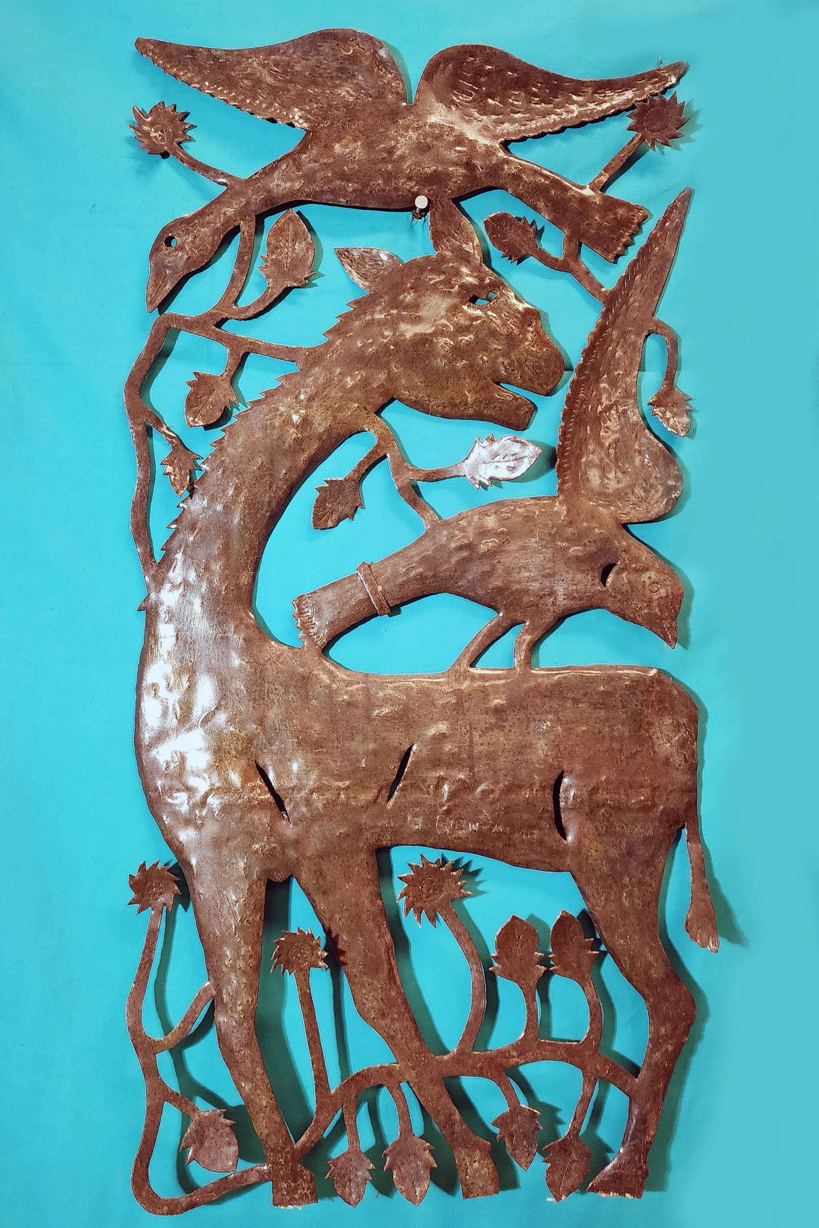 Donkey with Birds - Haitian Metal Sculpture by Gabriel Bien-Aime: Donkey with Birds - Haitian Metal Sculpture by Gabriel Bien-Aime Hand Carved Metal Sculpture