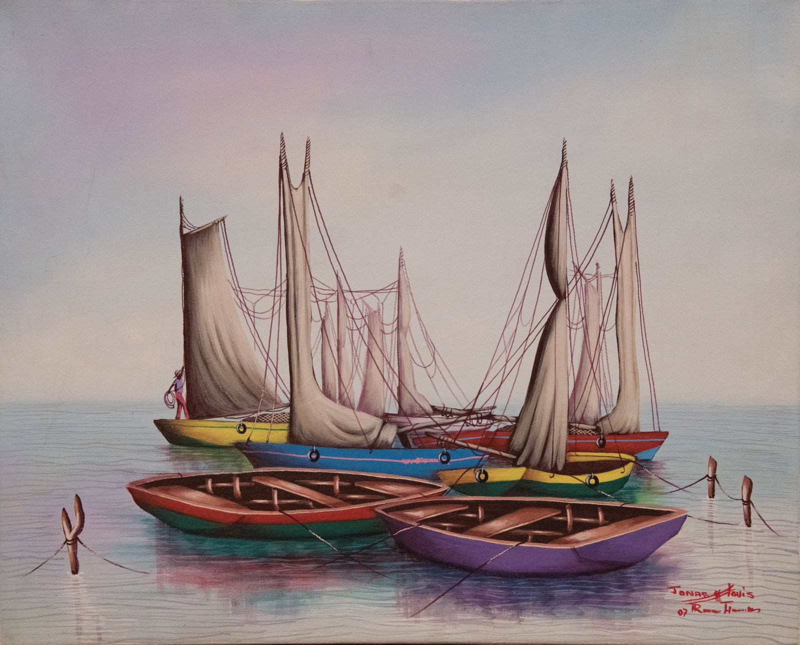 Sailboats (purple and red) (JL) Original Haitian Painting by Jonas Louis: Sailboats (purple and red) (JL) Original Haitian Painting by Jonas Louis Acrylic on canvas