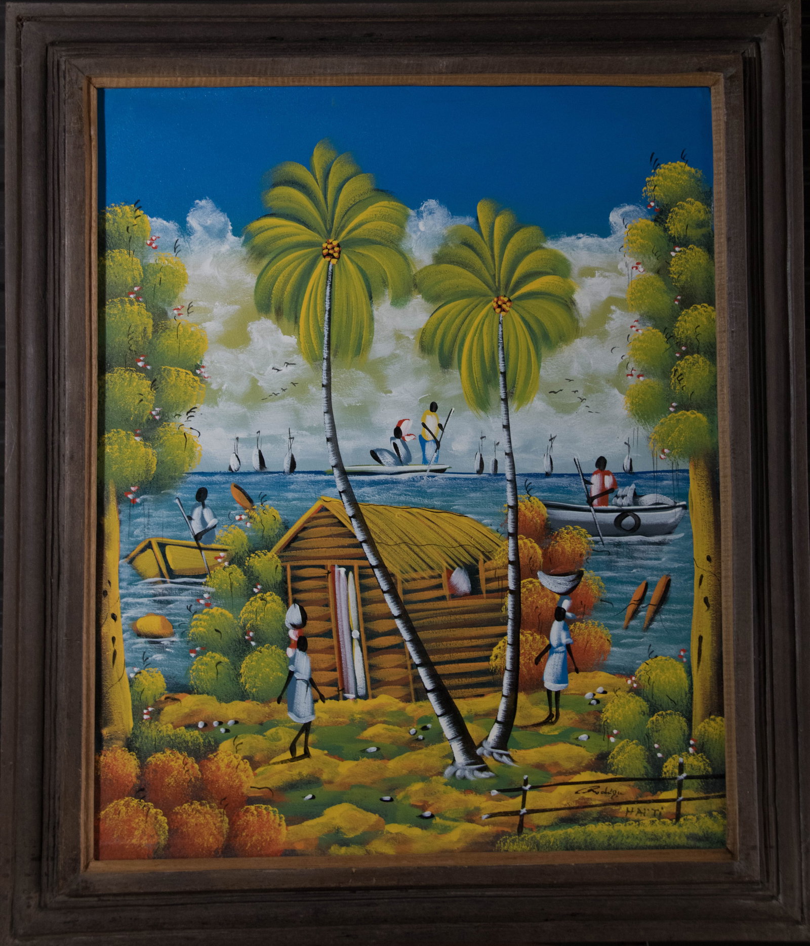 Hut on the River Original Haitian Painting by C. Rodrigue: Hut on the River Original Haitian Painting by C. Rodrigue FRAMED