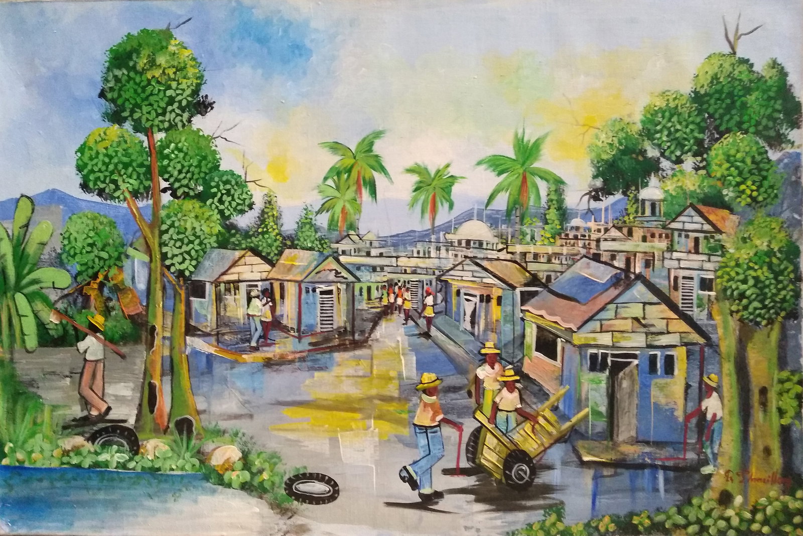 People out in the Village - Haitian Painting by Rigaud Francillon: People out in the Village - Haitian Painting by Rigaud Francillon No Frame, Stretched, Acrylic on Canvas