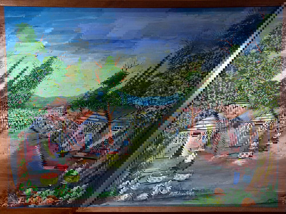 Village in the Twilight - Haitian Painting by Rigaud Francillon: Village in the Twilight - Haitian Painting by Rigaud Francillon Framed, Oil on Canvas FRAMED