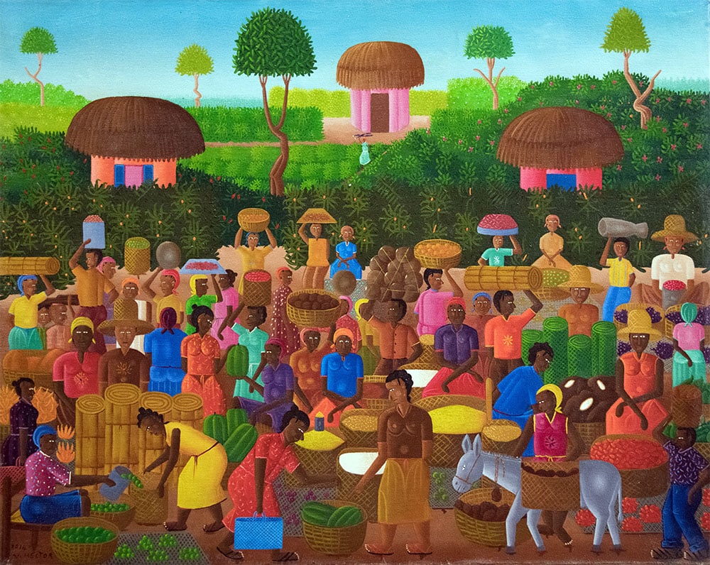 Voltaire Hector Original Haitian Painting-Working In The Village (1 of 1)