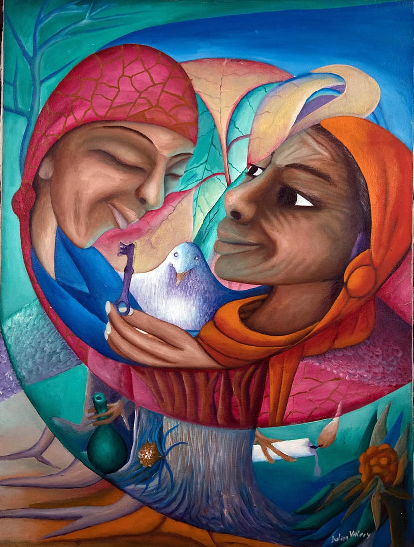 Women in Orange With Red Head Scarfs - Haitian Painting by Julien Valery: Women in Orange With Red Head Scarfs - Haitian Painting by Julien Valery No Frame, Stretched, Oil on Canvas