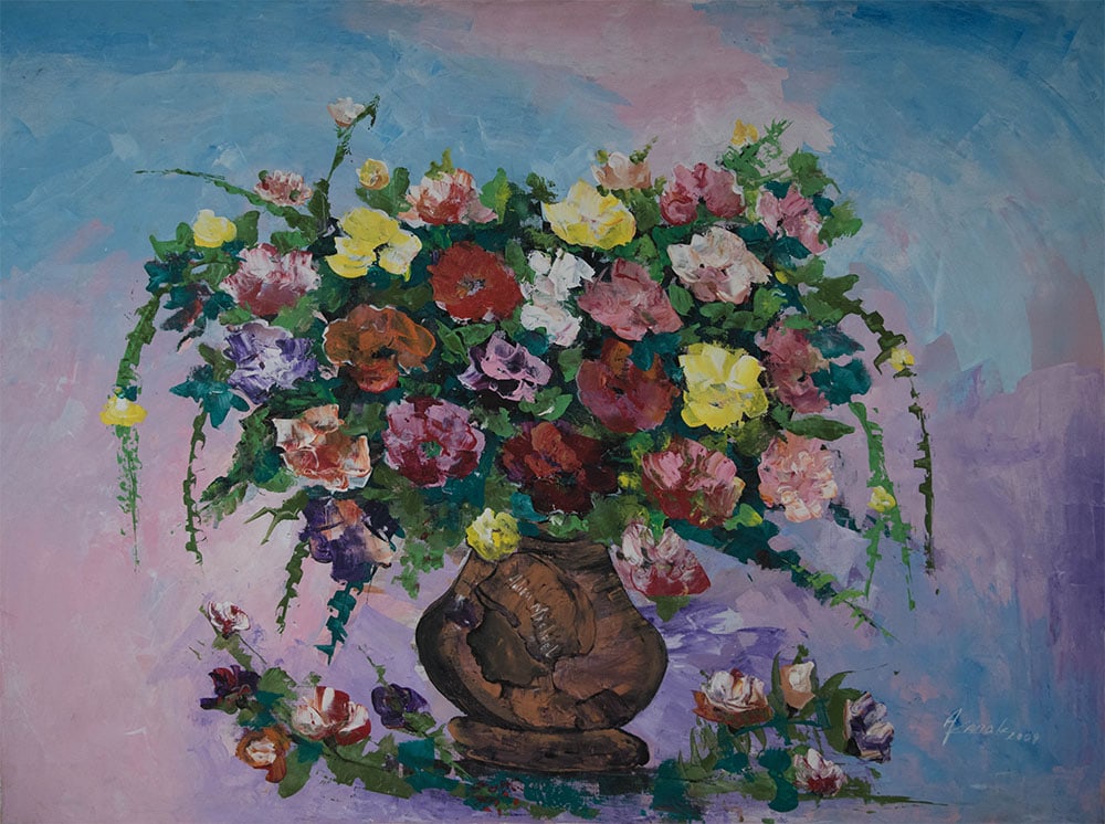 Original Haitian Painting by Karole Andre Brown Vase of Flowers: Original Haitian Painting by Karole Andre Brown Vase of Flowers Oil on Canvas