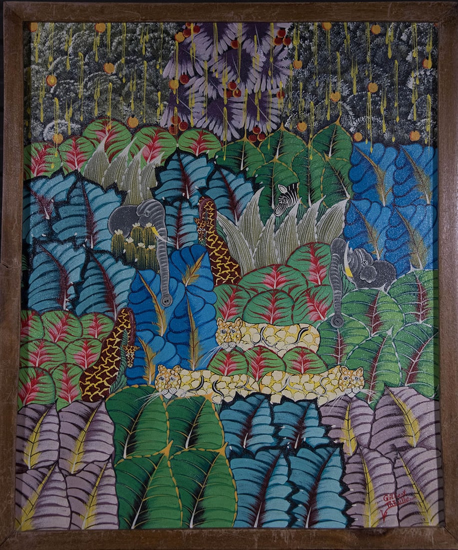 Jungle with Elephants, Giraffes, and Tigers Original Haitian Painting by Gilbert Tataille (1 of 1)