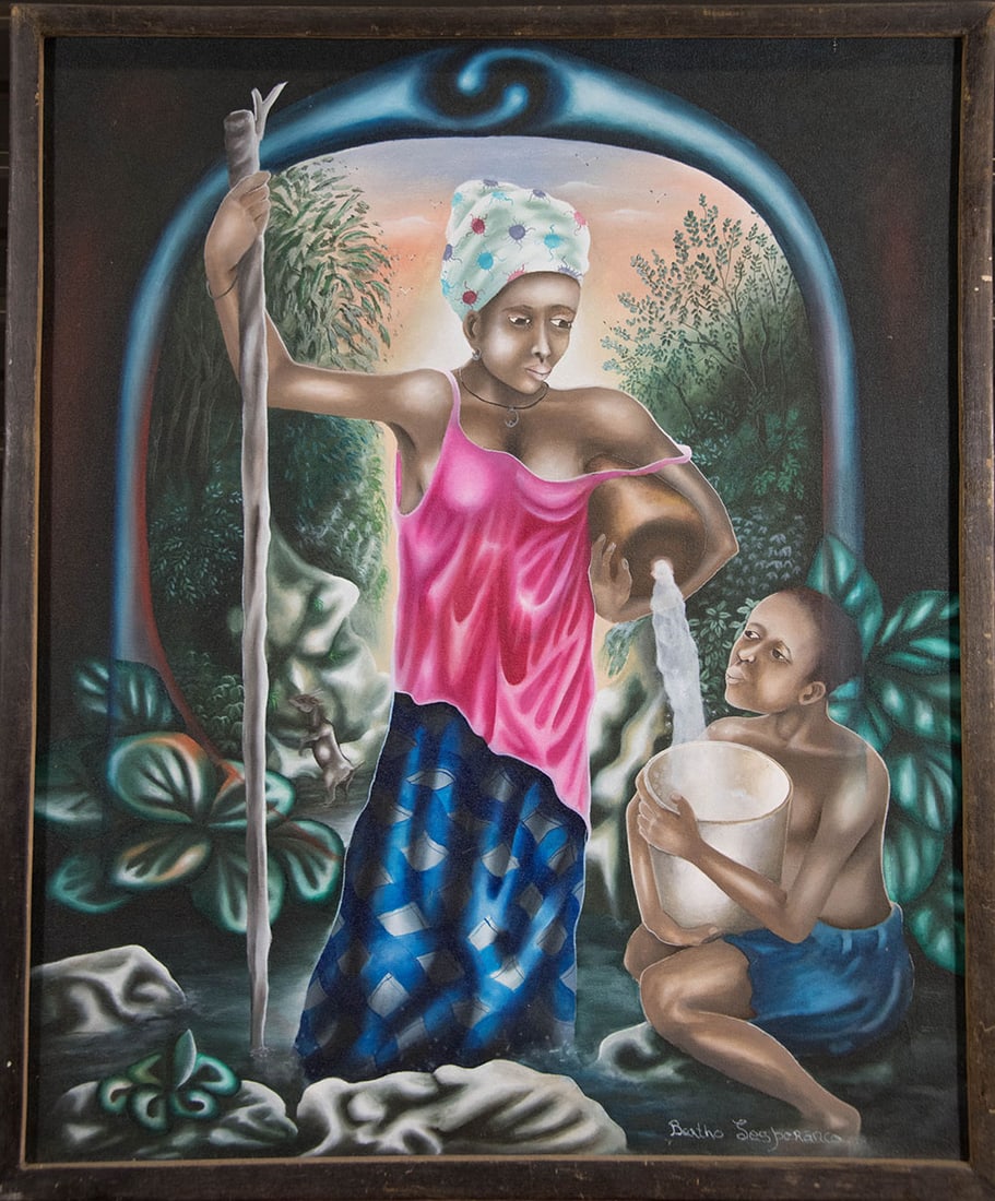 Original Haitian Painting by Bertho Lesperance Gathering Water: Original Haitian Painting by Bertho Lesperance Gathering Water Oil on Canvas FRAMED