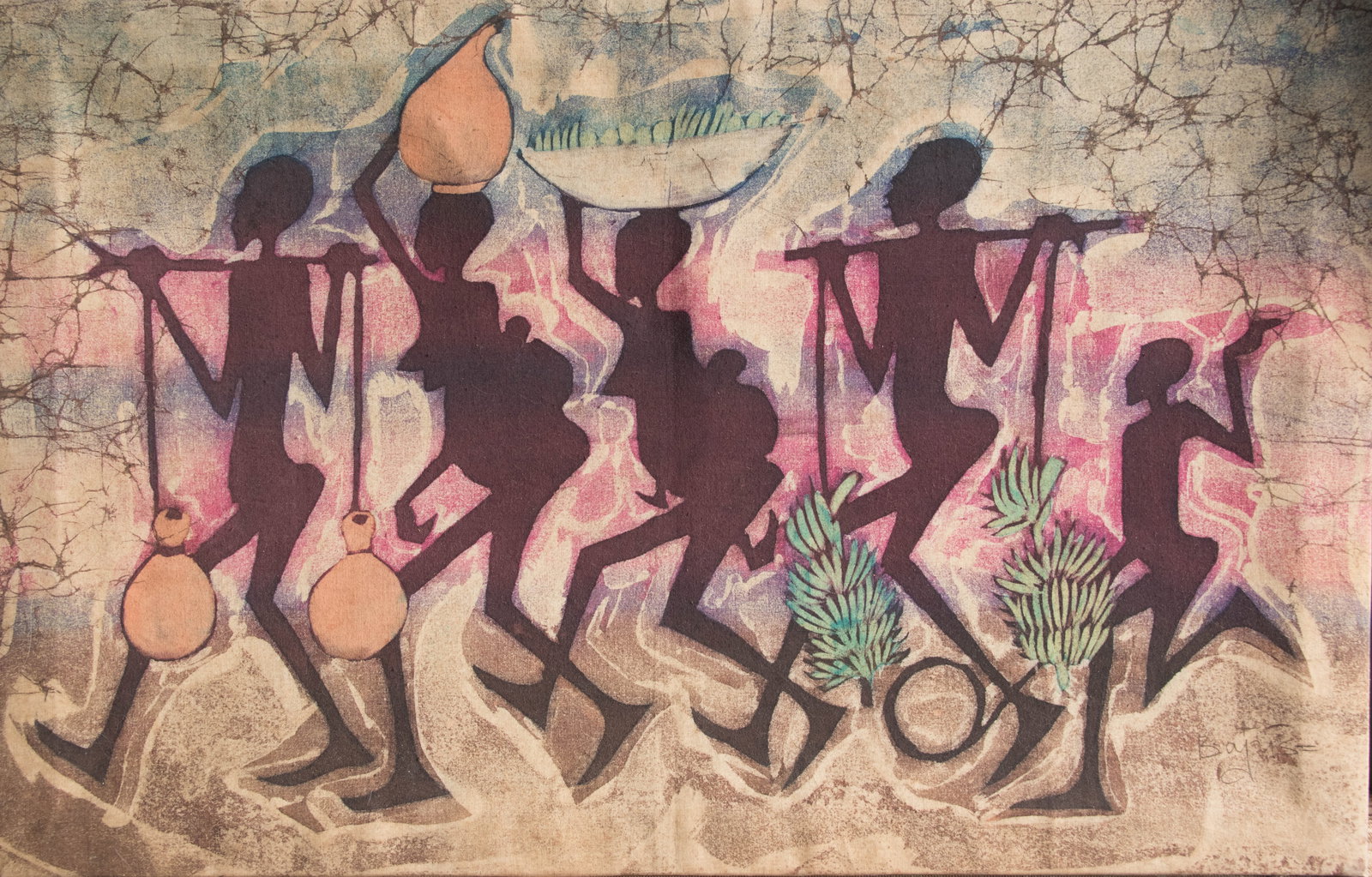 Oil Painting by Unknown Artist Carrying Water and Bananas: Oil Painting by Unknown Artist Carrying Water and Bananas Oil on Fabric