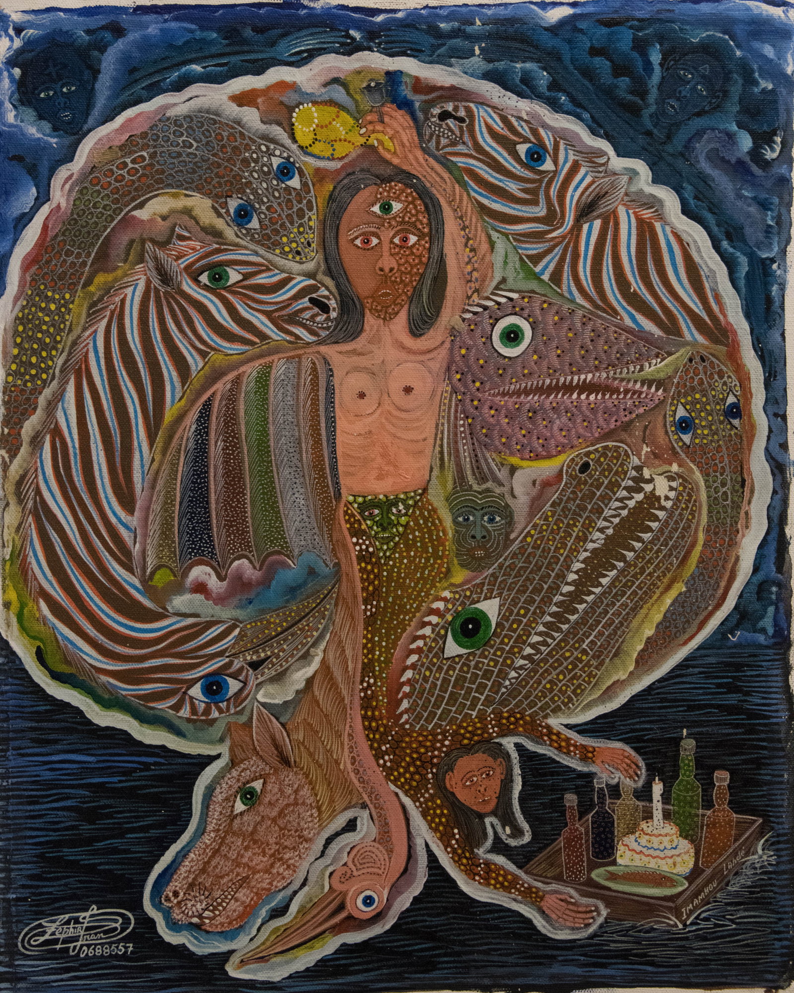 People with Creatures - Haitian Painting by Frantz Zephirin: People with Creatures - Haitian Painting by Frantz Zephirin No Frame, Not Stretched, Acrylic on Canvas