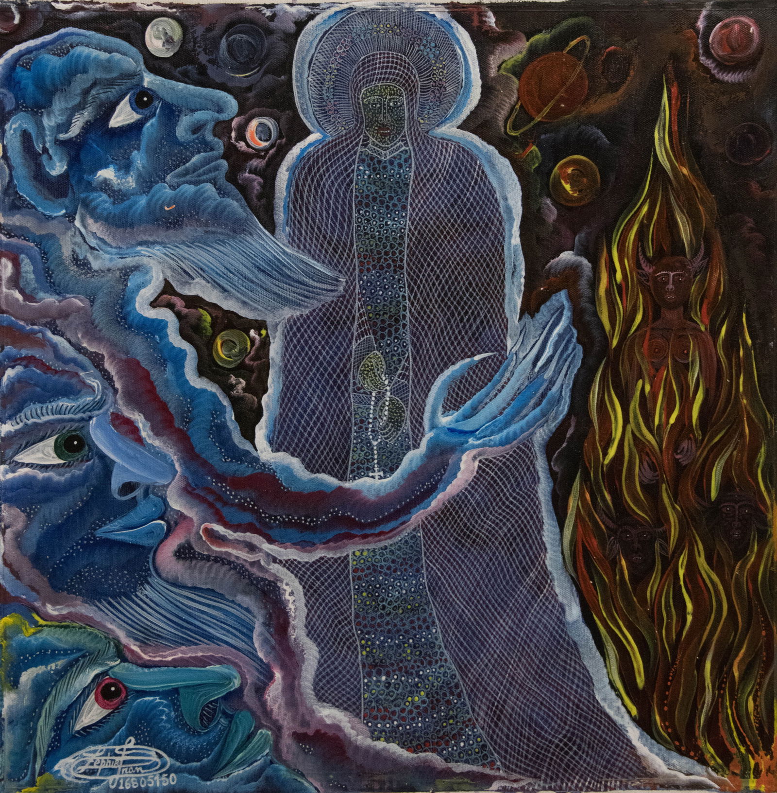 Old Man and a Ghost - Haitian Painting by Frantz Zephirin: Old Man and a Ghost - Haitian Painting by Frantz Zephirin No Frame, Not Stretched, Acrylic on Canvas