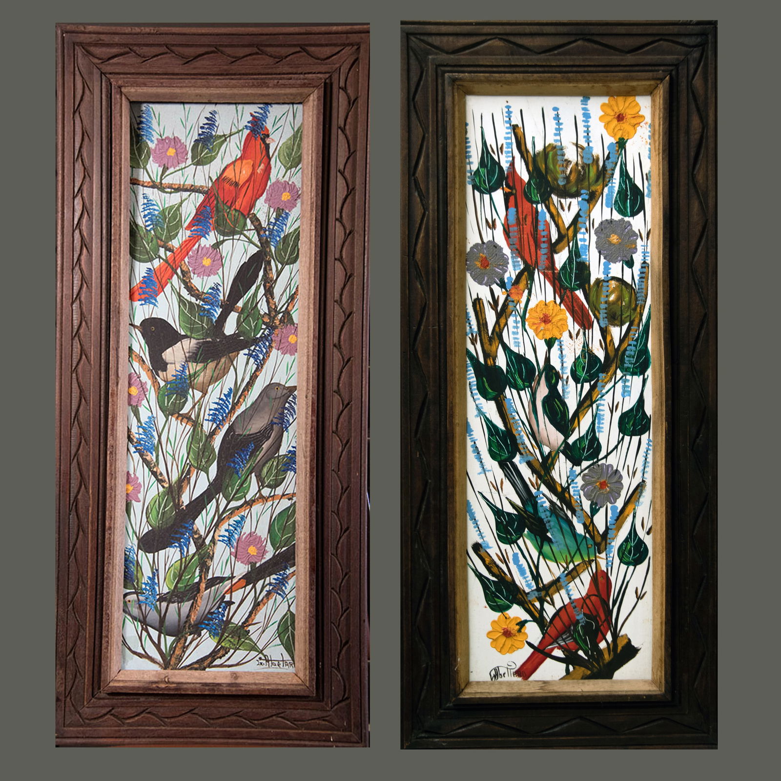 Cardinals in Trees 2 Original Haitian Paintings by Gesner Abelard (1 of 3)