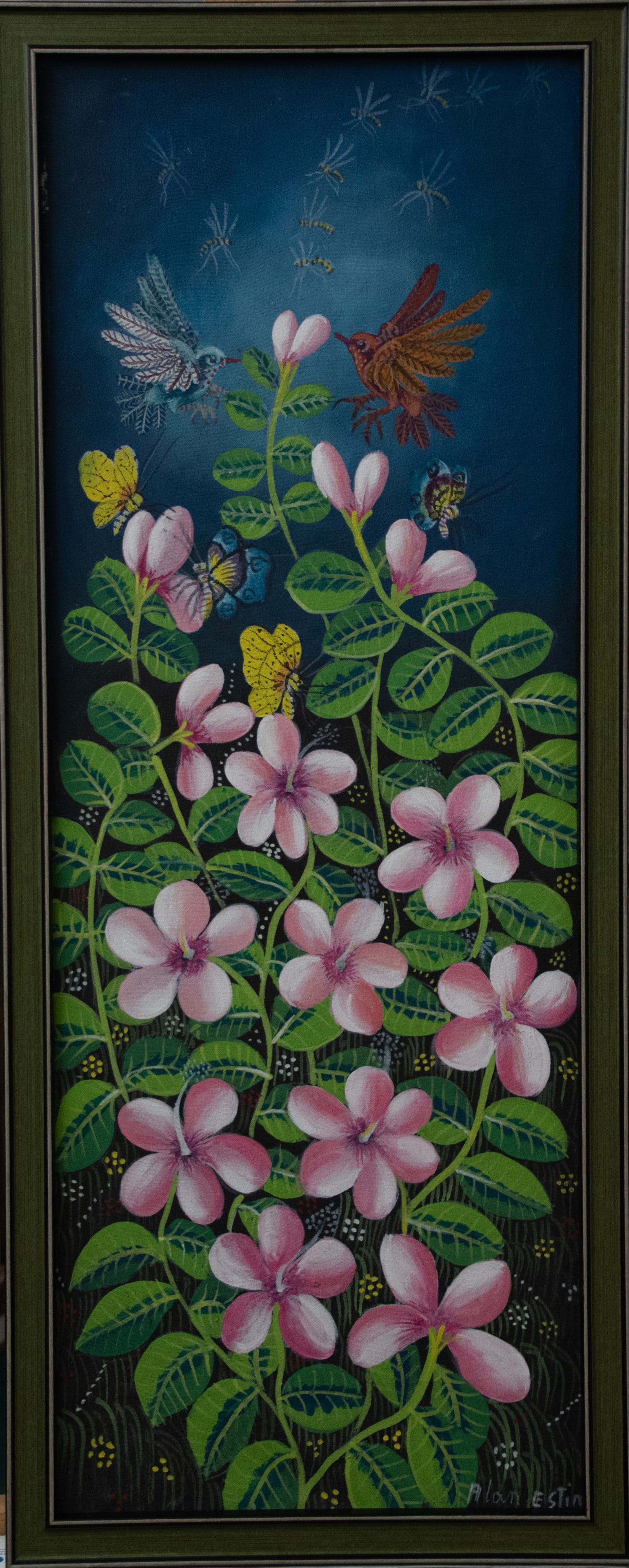 Birds and Pink Hibiscus Original Haitian Painting by Aland Estime: Birds and Pink Hibiscus Original Haitian Painting by Aland Estime Acrylic on Canvas Framed