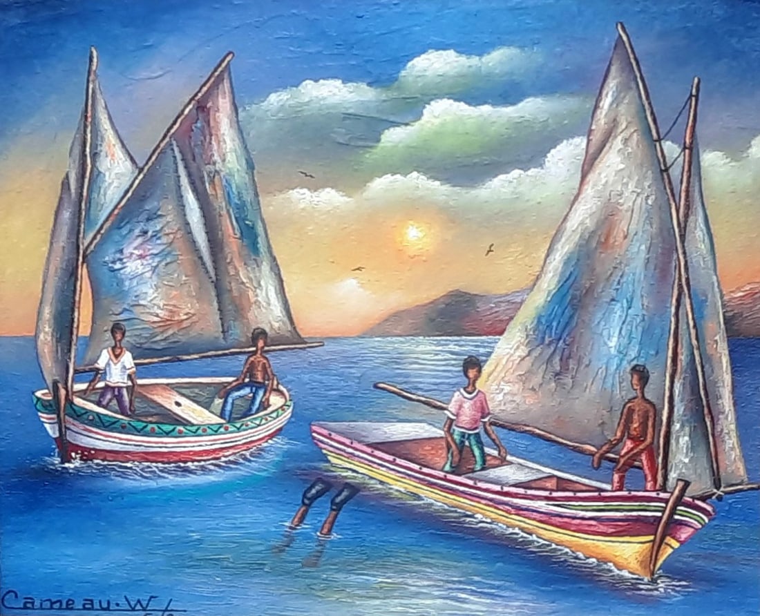 Diving Original Haitian Painting by Widson Cameau: Diving Original Haitian Painting by Widson Cameau acrylic on canvas Framed