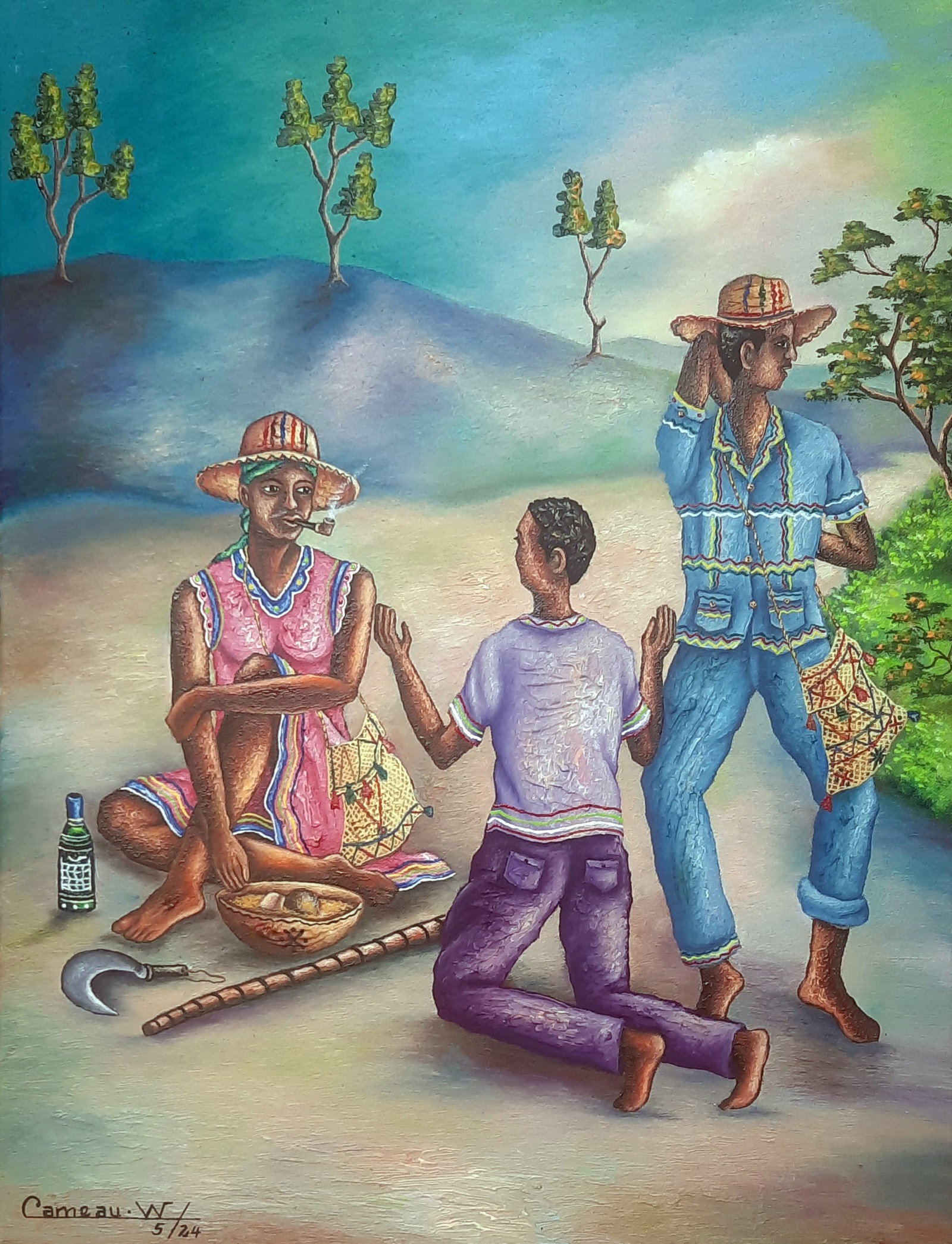 Family Time Original Haitian Painting by Widson Cameau: Family Time Original Haitian Painting by Widson Cameau acrylic of canvas Framed