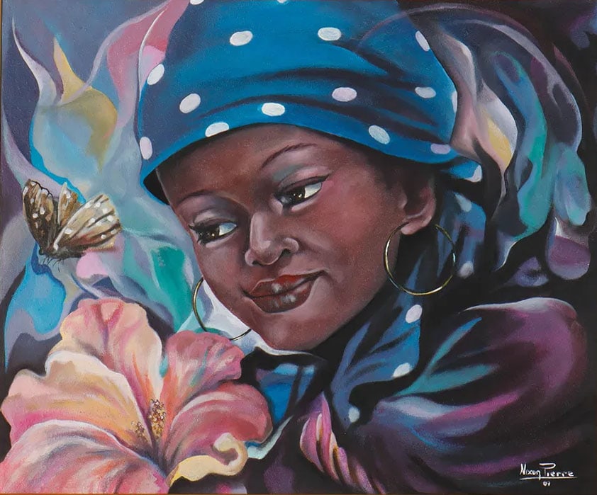 Woman with Butterfly Original Haitian Painting by Nixon Pierre: Woman with Butterfly Original Haitian Painting by Nixon Pierre acrylic on canvas Stretched, No Frame