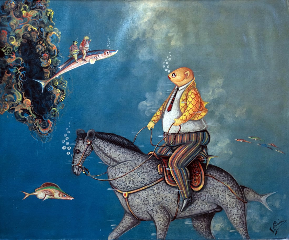 Fish on Horse Original Haitian Painting by Andre Blaise: Fish on Horse Original Haitian Painting by Andre Blaise acrylic on canvas No Frame Not Stretched