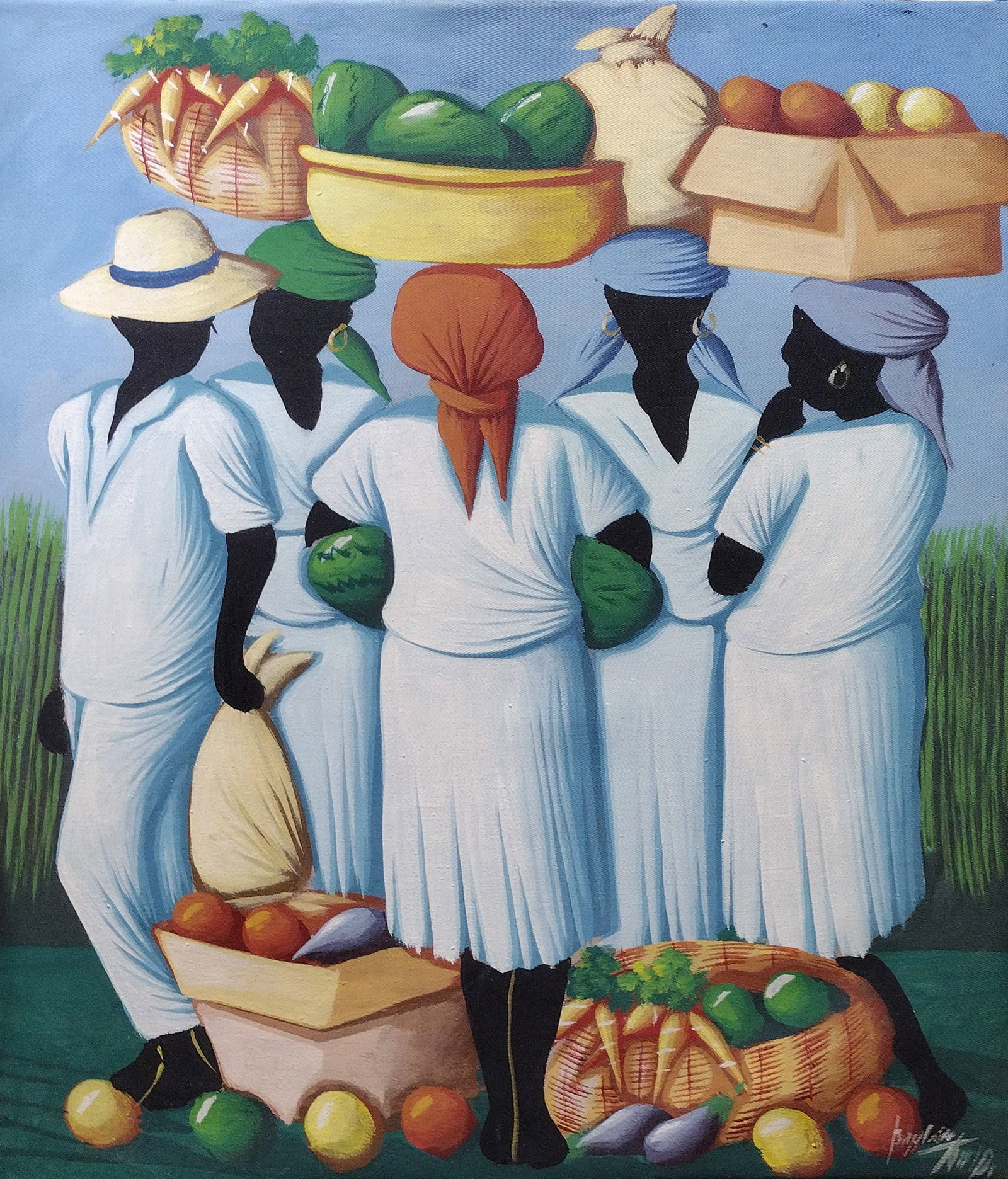 Haitian Women and Man with Vegetables Original Haitian Painting by Unknown Artist: Haitian Women and Man with Vegetables Original Haitian Painting by Unknown Artist acrylic on canvas No Frame Stretched