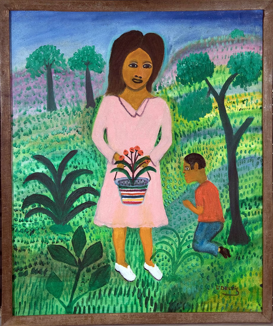 Lady in Pink With a Basket of Flowers Original Haitian Painting by Lenoir Deltis: Lady in Pink With a Basket of Flowers Original Haitian Painting by Lenoir Deltis Oil on Canvas Framed