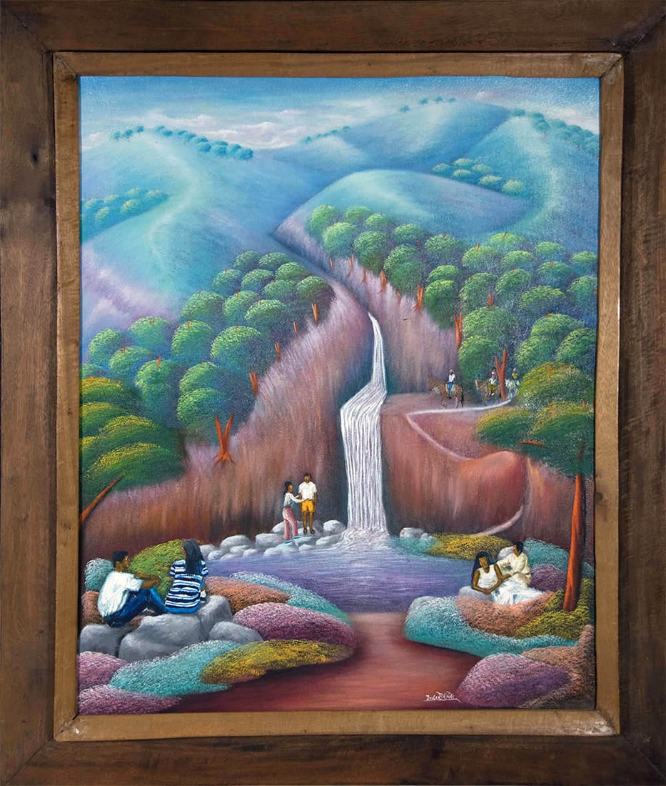 Gathering at the Waterfall Original Haitian Painting by Derice: Gathering at the Waterfall Original Haitian Painting by Derice Oil on Canvas Framed