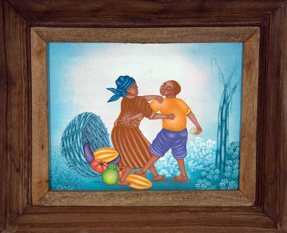 Tripping Over a Basket of Fruit Original Haitian Painting by Marie Carmel Jean: Tripping Over a Basket of Fruit Original Haitian Painting by Marie Carmel Jean Oil on Canvas Framed