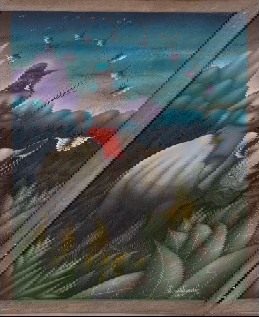 Man on a Rhinoceros Original Haitian Painting by Bruno Chrysler: Man on a Rhinoceros Original Haitian Painting by Bruno Chrysler Oil on Canvas Framed