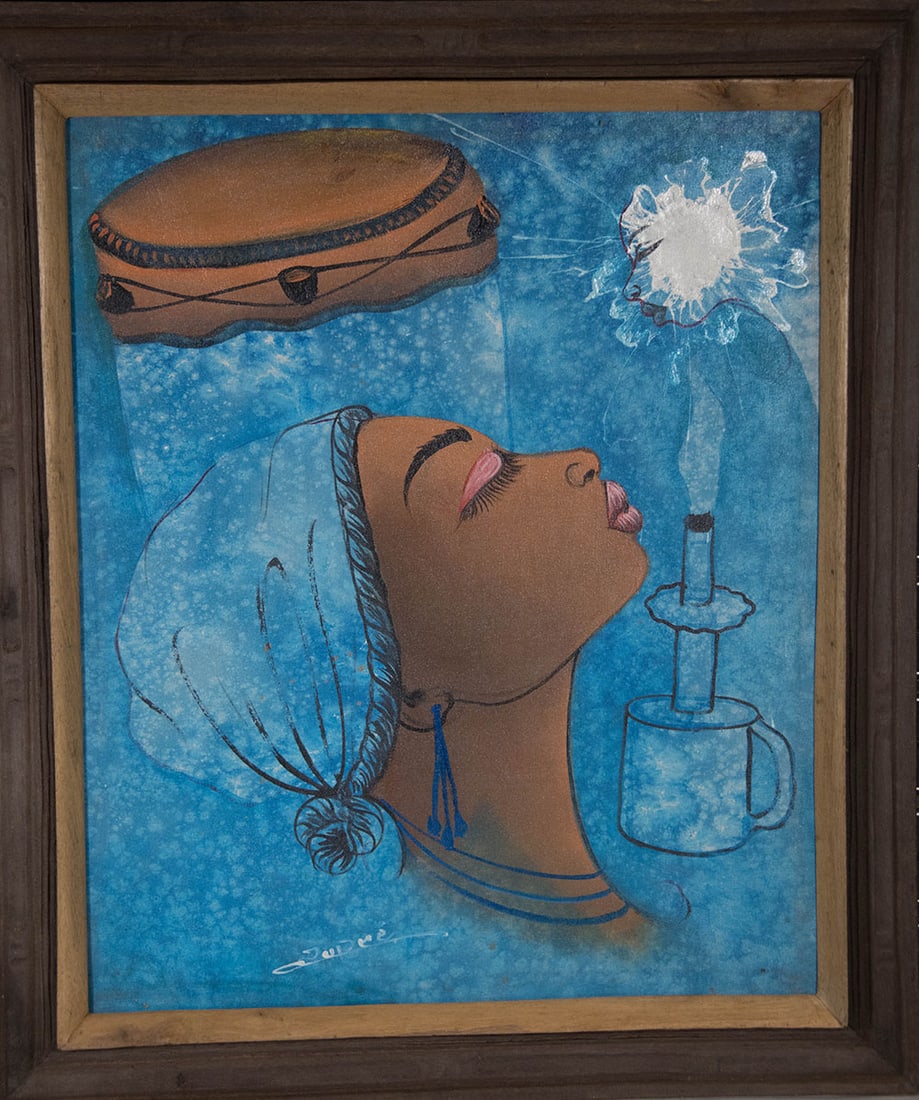Lady With a Drum Over Her Head Original Haitian Painting by Dupre: Lady With a Drum Over Her Head Original Haitian Painting by Dupre Oil on Canvas Framed