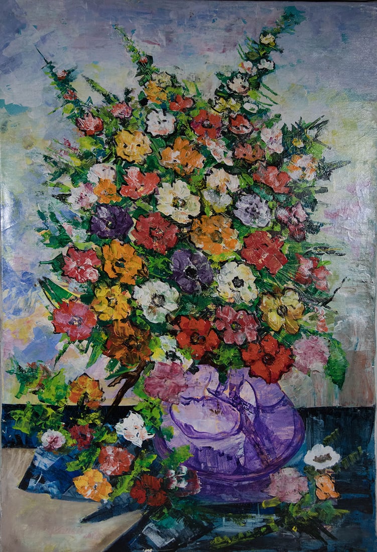 Bouquet in a Purple Vase Original Haitian Painting by Karole Andre: Bouquet in a Purple Vase Original Haitian Painting by Karole Andre Oil on Canvas No Frame Stretched