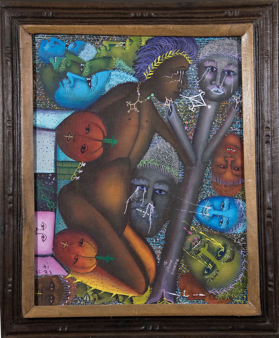 A Haitian Figure and Many Faces Original Haitian Painting by Roi David Annisey: A Haitian Figure and Many Faces Original Haitian Painting by Roi David Annisey Oil on Canvas Framed