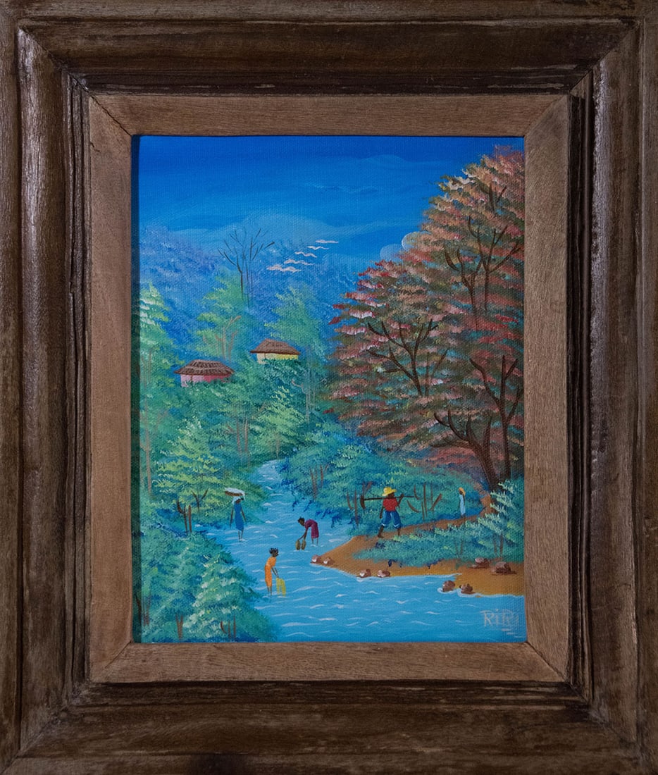 People in the Stream Original Haitian Painting by RiRi: People in the Stream Original Haitian Painting by RiRi Oil on Canvas Framed
