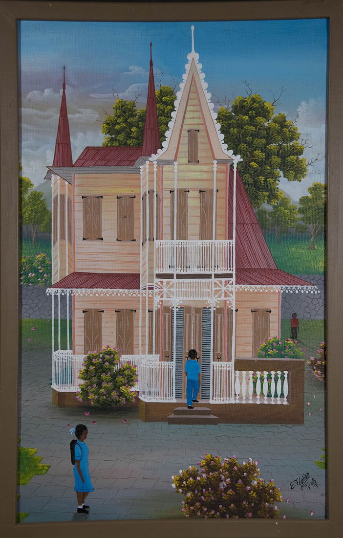 Visiting the Pink and White House Original Haitian Painting by E.J. Junior: Visiting the Pink and White House Original Haitian Painting by E.J. Junior Oil on Canvas Framed
