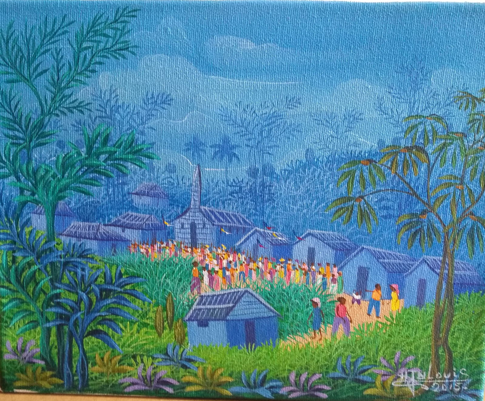 Gathering at Church Original Haitian Painting by Henri Jean Louis: Gathering at Church Original Haitian Painting by Henri Jean Louis Acrylic on Canvas No Frame Stretched